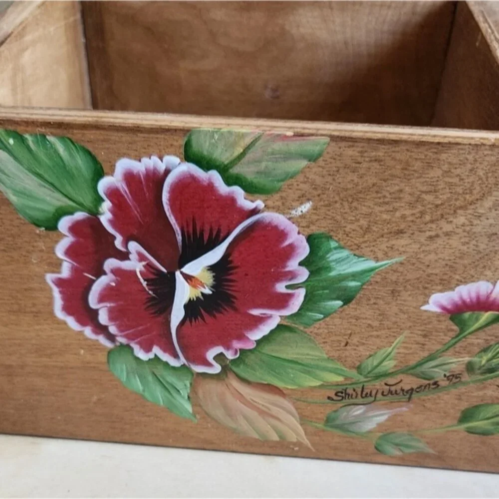 Divided Hand-Painted Wooden Box‎ with Floral Design, Tea/herbs/office/seeds Etc
